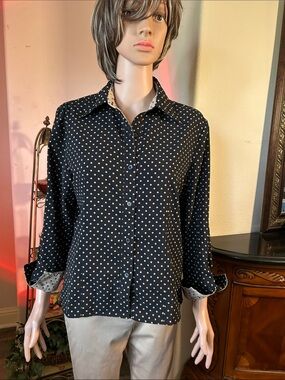 Womens Black Polka Dot Button-Down Shirt